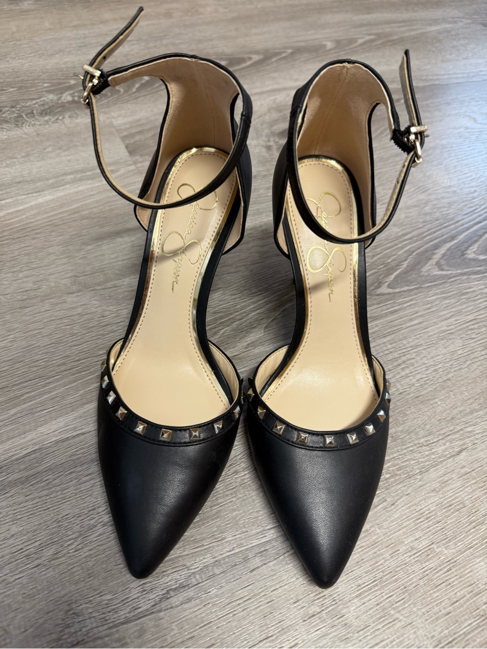 Black Studded Pointed-Toe Ankle-Strap Pumps - Women’s 8